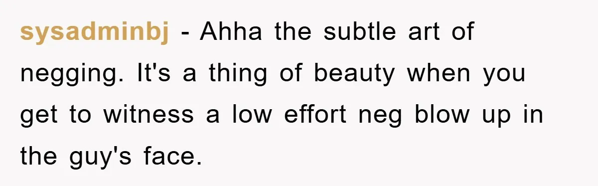 sysadminbj - Ahha the subtle art of negging. It's a thing of beauty when you get to witness a low effort neg blow up in the guy's face.