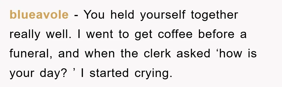 blueavole - You held yourself together really well. I went to get coffee before a funeral, and when the clerk asked ‘how is your day? ’ I started crying.