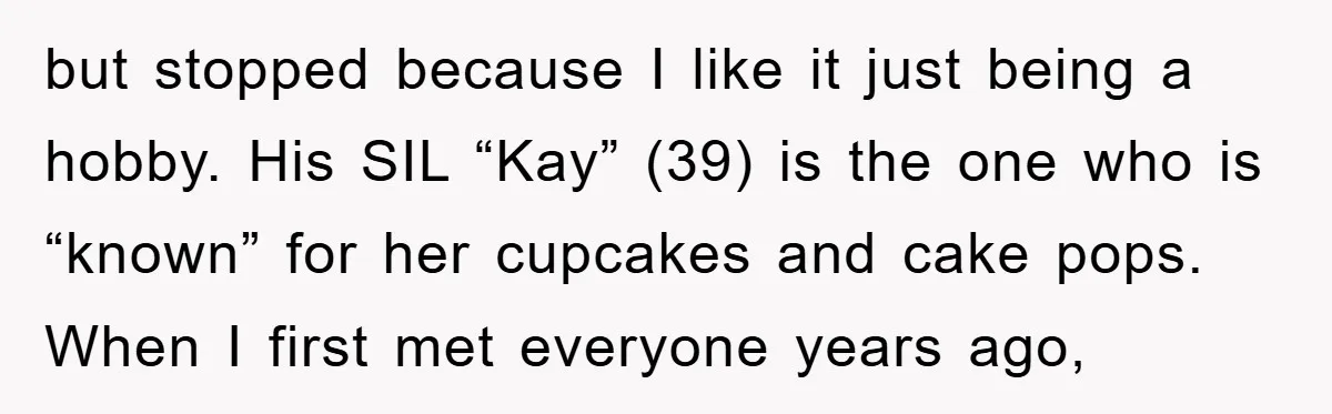 but stopped because I like it just being a hobby. His SIL “Kay” (39) is the one who is “known” for her cupcakes and cake pops. When I first met...