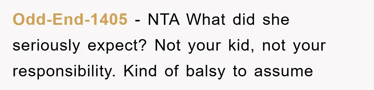 Odd-End-1405 - NTA What did she seriously expect? Not your kid, not your responsibility. Kind of balsy to assume