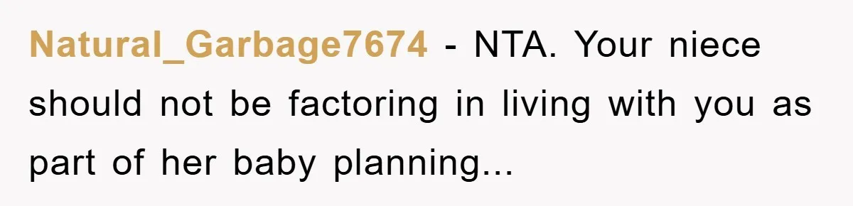 Natural_Garbage7674 - NTA. Your niece should not be factoring in living with you as part of her baby planning...