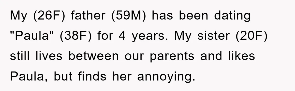 My (26F) father (59M) has been dating "Paula" (38F) for 4 years. My sister (20F) still lives between our parents and likes Paula, but finds her annoying.