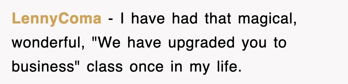 LennyComa − I have had that magical, wonderful, "We have upgraded you to business" class once in my life.