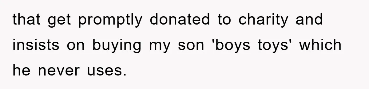 that get promptly donated to charity and insists on buying my son 'boys toys' which he never uses.