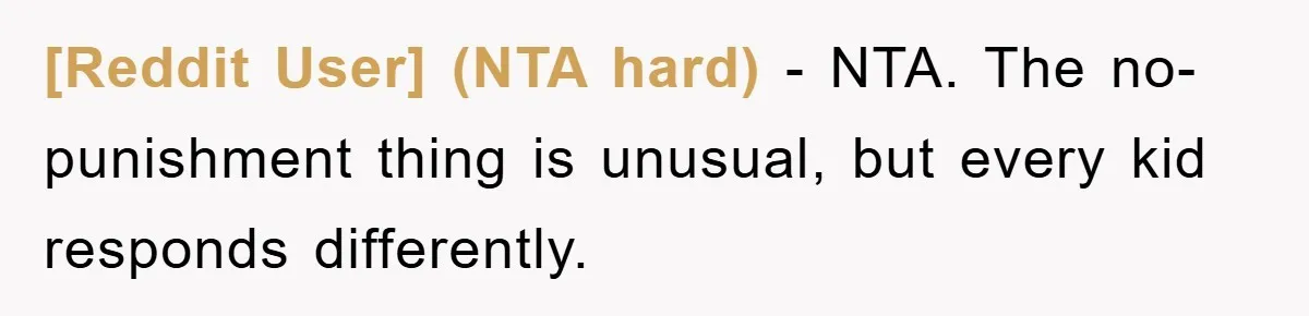 [Reddit User] (NTA hard) − NTA. The no-punishment thing is unusual, but every kid responds differently.