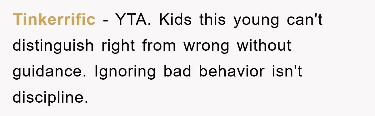 Tinkerrific − YTA. Kids this young can't distinguish right from wrong without guidance. Ignoring bad behavior isn't discipline.