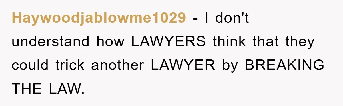 Haywoodjablowme1029 − I don't understand how LAWYERS think that they could trick another LAWYER by BREAKING THE LAW.