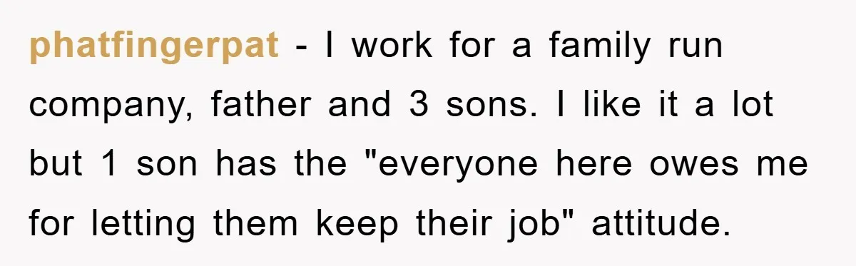 phatfingerpat − I work for a family run company, father and 3 sons. I like it a lot but 1 son has the "everyone here owes me for letting them...