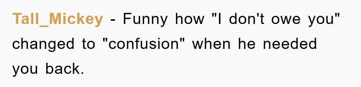 Tall_Mickey − Funny how "I don't owe you" changed to "confusion" when he needed you back.
