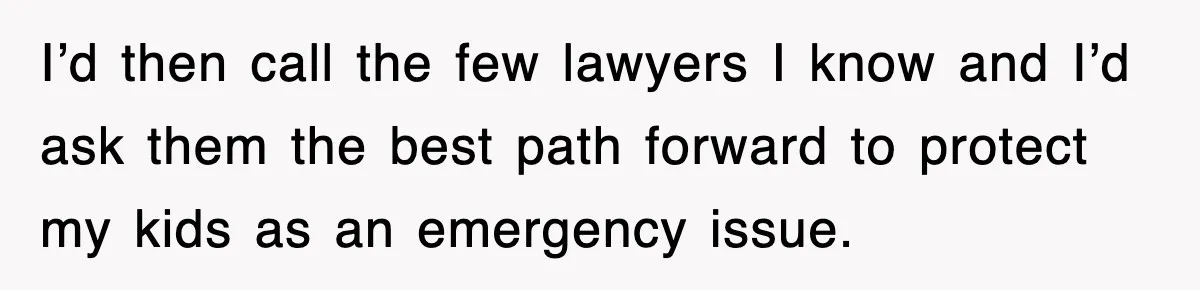 I’d then call the few lawyers I know and I’d ask them the best path forward to protect my kids as an emergency issue.