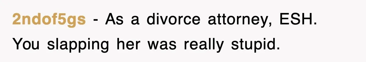 2ndof5gs − As a divorce attorney, ESH. You slapping her was really stupid.