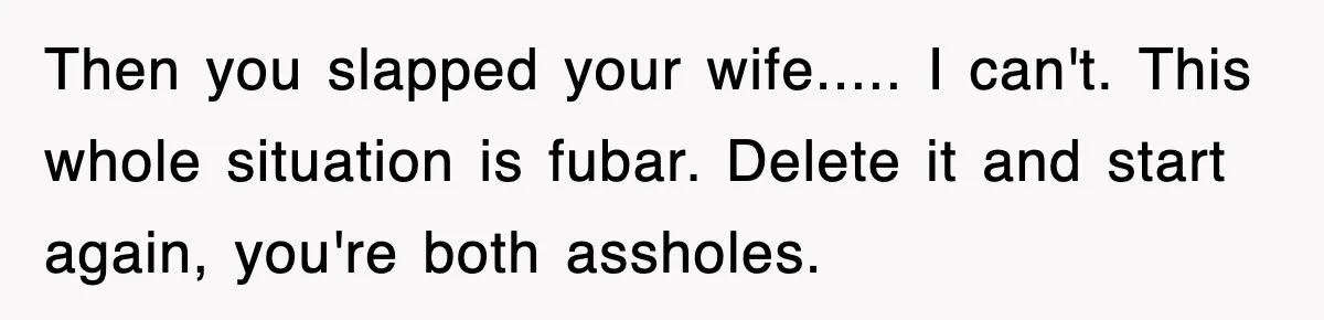 Then you slapped your wife..... I can't. This whole situation is fubar. Delete it and start again, you're both assholes.