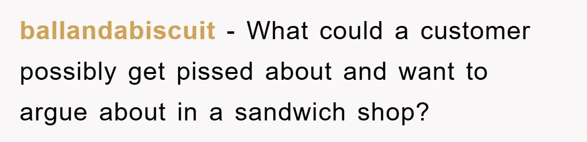 ballandabiscuit − What could a customer possibly get pissed about and want to argue about in a sandwich shop?