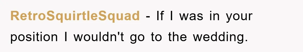 RetroSquirtleSquad − If I was in your position I wouldn't go to the wedding.