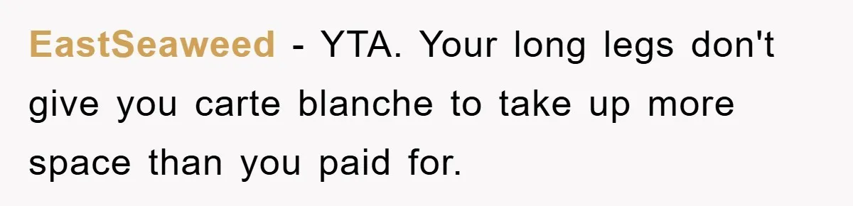 EastSeaweed − YTA. Your long legs don't give you carte blanche to take up more space than you paid for.
