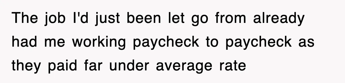 The job I'd just been let go from already had me working paycheck to paycheck as they paid far under average rate