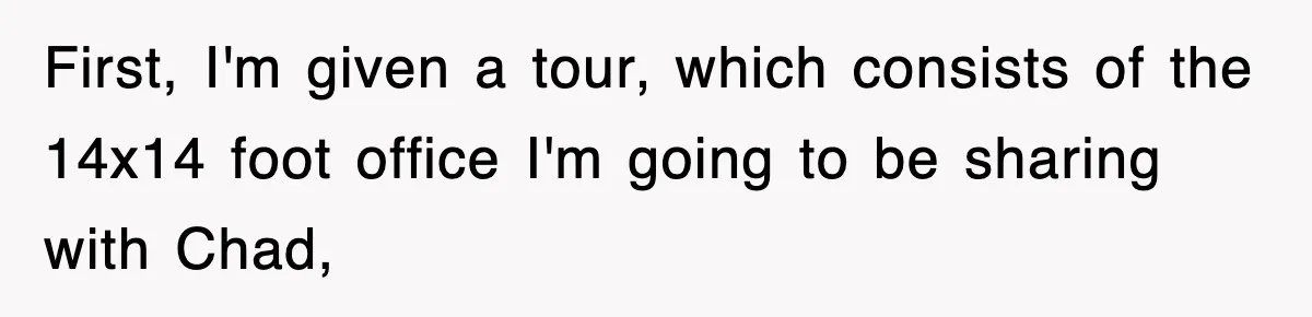 First, I'm given a tour, which consists of the 14x14 foot office I'm going to be sharing with Chad,