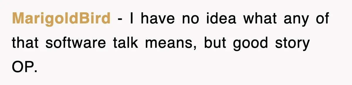 MarigoldBird − I have no idea what any of that software talk means, but good story OP.