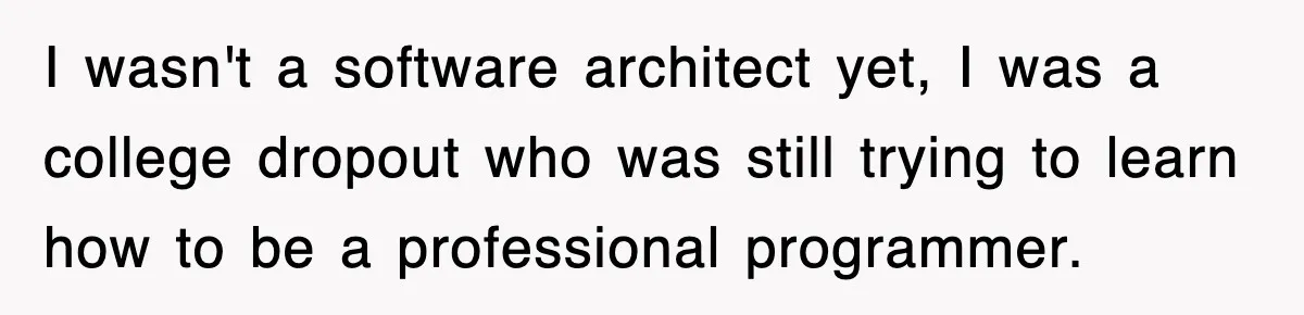 I wasn't a software architect yet, I was a college dropout who was still trying to learn how to be a professional programmer.