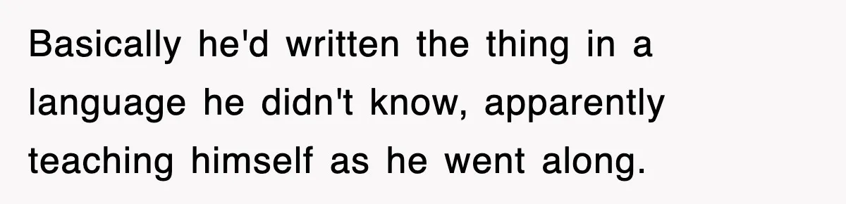 Basically he'd written the thing in a language he didn't know, apparently teaching himself as he went along.
