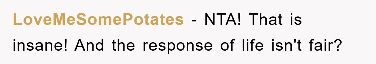 LoveMeSomePotates - NTA! That is insane! And the response of life isn't fair?