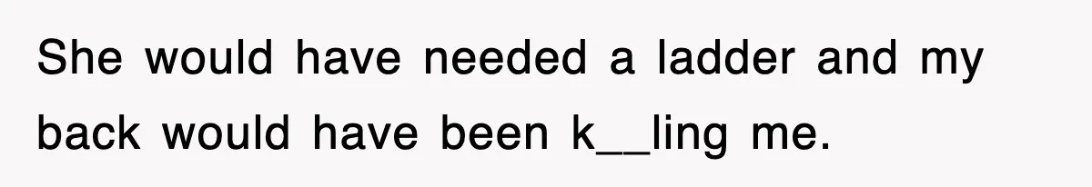 She would have needed a ladder and my back would have been k__ling me.