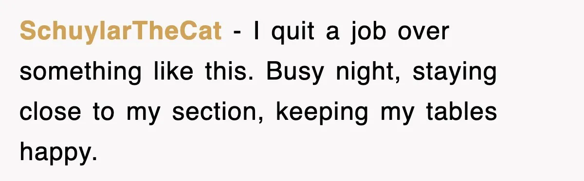 SchuylarTheCat − I quit a job over something like this. Busy night, staying close to my section, keeping my tables happy.