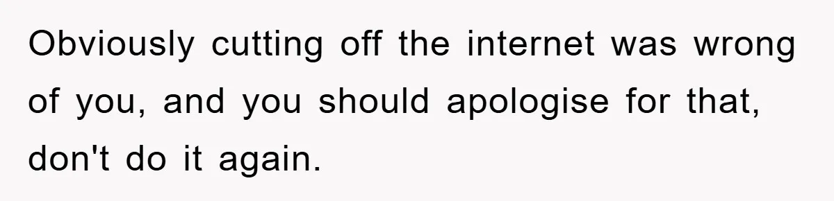 Obviously cutting off the internet was wrong of you, and you should apologise for that, don't do it again.