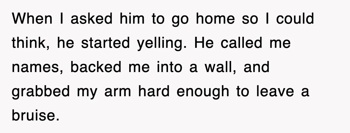 When I asked him to go home so I could think, he started yelling. He called me names, backed me into a wall, and grabbed my arm hard enough to...