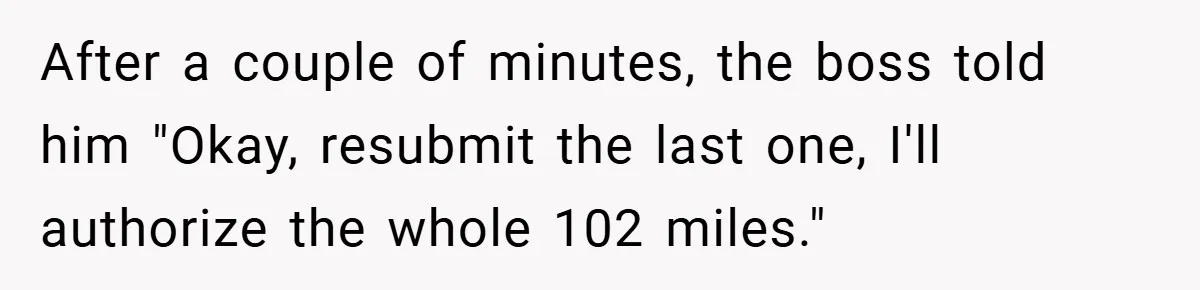 After a couple of minutes, the boss told him "Okay, resubmit the last one, I'll authorize the whole 102 miles."