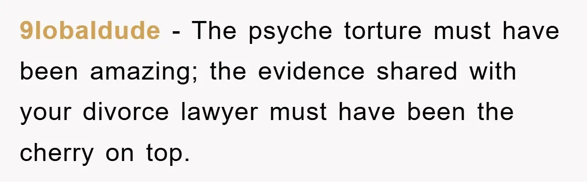 9lobaldude − The psyche torture must have been amazing; the evidence shared with your divorce lawyer must have been the cherry on top.