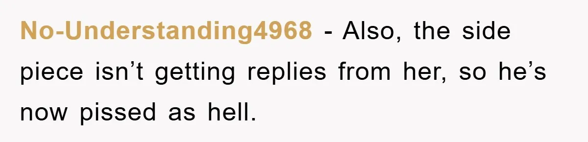 No-Understanding4968 − Also, the side piece isn’t getting replies from her, so he’s now pissed as hell.