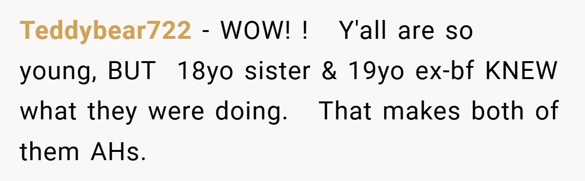 Teddybear722 − WOW! !   Y'all are so young, BUT  18yo sister & 19yo ex-bf KNEW what they were doing.   That makes both of them AHs.