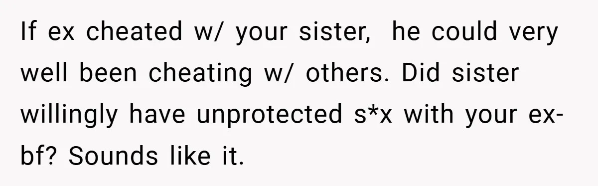 If ex cheated w/ your sister,  he could very well been cheating w/ others. Did sister willingly have unprotected s*x with your ex-bf? Sounds like it.