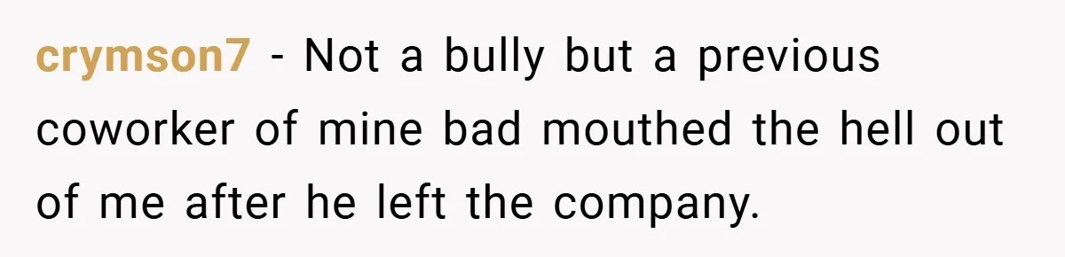 crymson7 − Not a bully but a previous coworker of mine bad mouthed the hell out of me after he left the company.