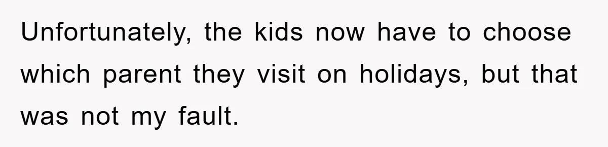 Unfortunately, the kids now have to choose which parent they visit on holidays, but that was not my fault.