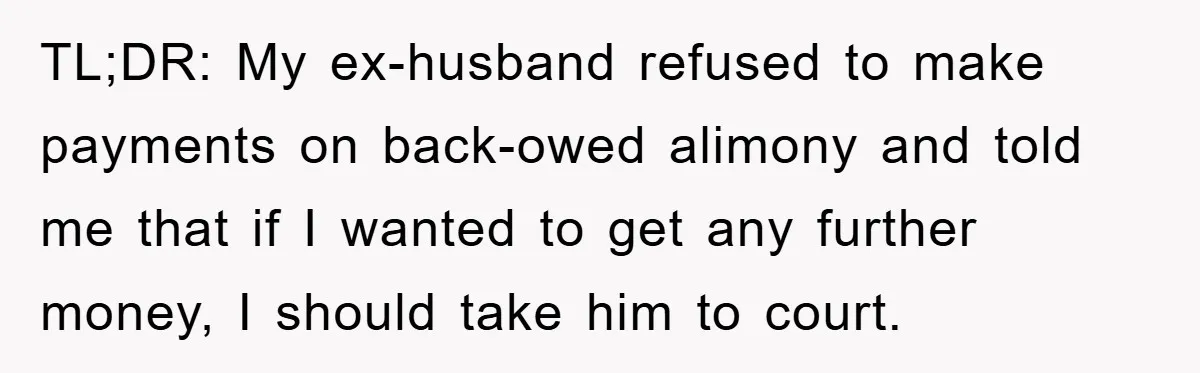 TL;DR: My ex-husband refused to make payments on back-owed alimony and told me that if I wanted to get any further money, I should take him to court.