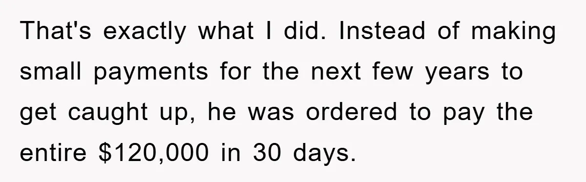 That's exactly what I did. Instead of making small payments for the next few years to get caught up, he was ordered to pay the entire $120,000 in 30 days.