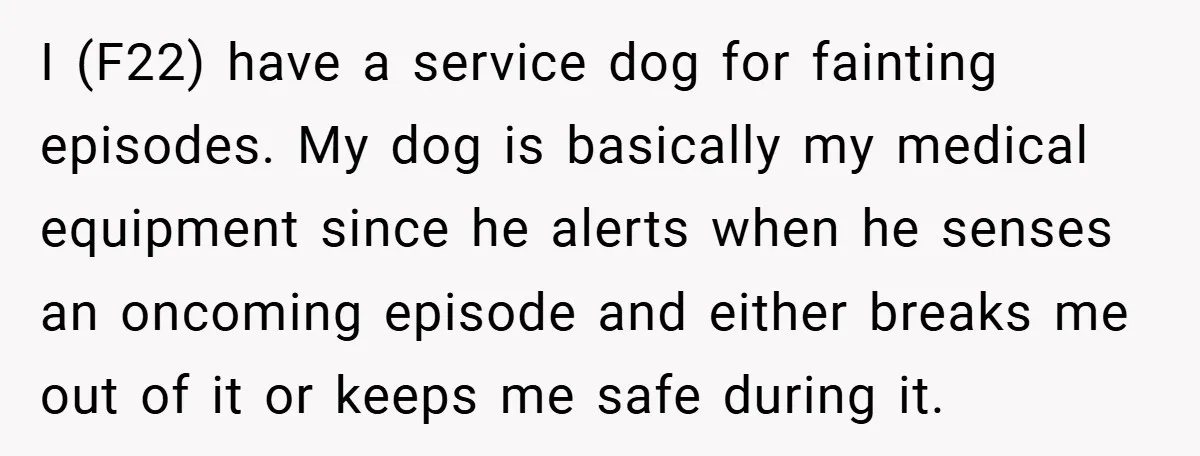 She Refused to Let Boy Pet Her Working Dog - Then Asked to Touch His Wheelchair I (F22) have a service dog for fainting episodes. My dog is basically my medical equipment since he alerts when he senses an oncoming episode and either breaks me out...