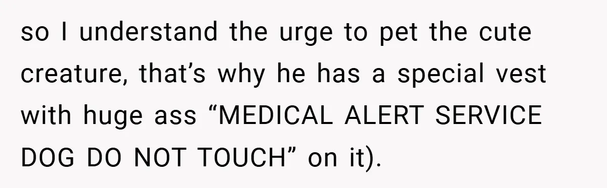 She Refused to Let Boy Pet Her Working Dog - Then Asked to Touch His Wheelchair so I understand the urge to pet the cute creature, that’s why he has a special vest with huge ass “MEDICAL ALERT SERVICE DOG DO NOT TOUCH” on it).
