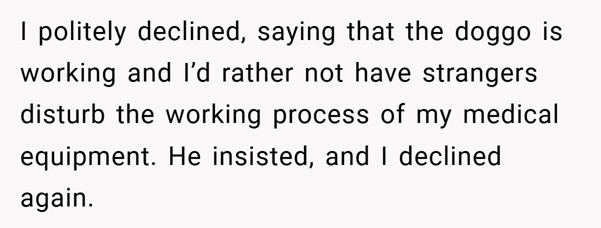 She Refused to Let Boy Pet Her Working Dog - Then Asked to Touch His Wheelchair I politely declined, saying that the doggo is working and I’d rather not have strangers disturb the working process of my medical equipment. He insisted, and I declined again.