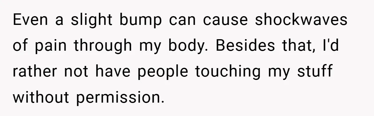 She Refused to Let Boy Pet Her Working Dog - Then Asked to Touch His Wheelchair Even a slight bump can cause shockwaves of pain through my body. Besides that, I'd rather not have people touching my stuff without permission.