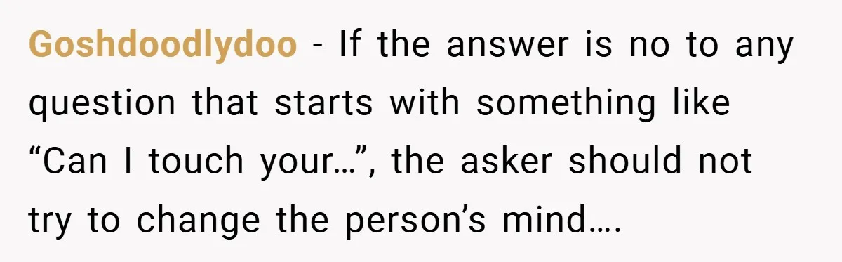 She Refused to Let Boy Pet Her Working Dog - Then Asked to Touch His Wheelchair Goshdoodlydoo − If the answer is no to any question that starts with something like “Can I touch your…”, the asker should not try to change the person’s mind….