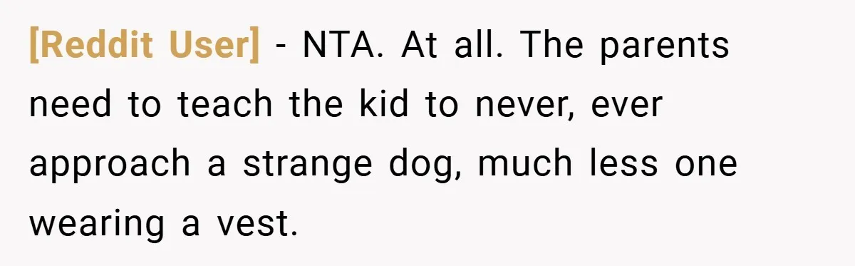 [Reddit User] − NTA. At all. The parents need to teach the kid to never, ever approach a strange dog, much less one wearing a vest.