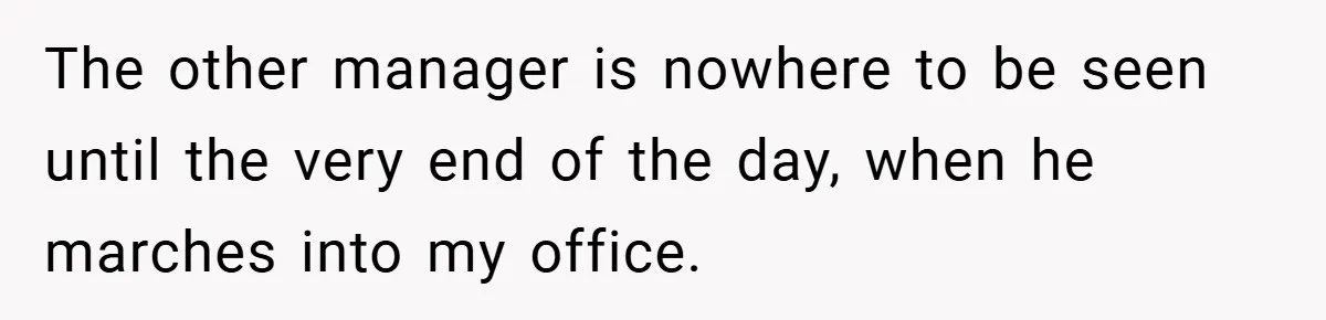 The other manager is nowhere to be seen until the very end of the day, when he marches into my office.