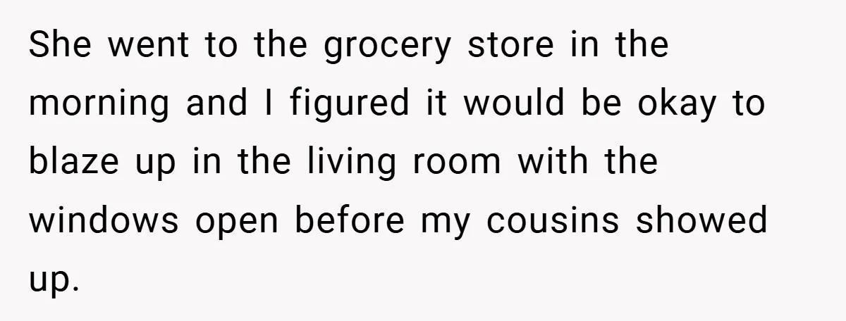She went to the grocery store in the morning and I figured it would be okay to blaze up in the living room with the windows open before my cousins...