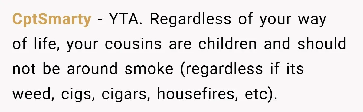 CptSmarty − YTA. Regardless of your way of life, your cousins are children and should not be around smoke (regardless if its weed, cigs, cigars, housefires, etc).