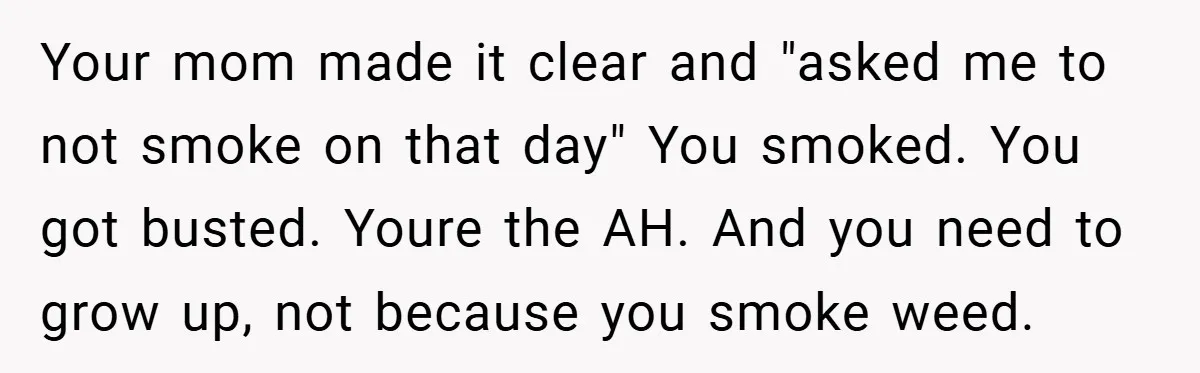 Your mom made it clear and "asked me to not smoke on that day" You smoked. You got busted. Youre the AH. And you need to grow up, not because...