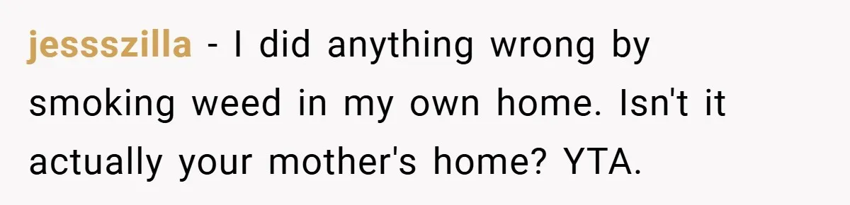 jessszilla − I did anything wrong by smoking weed in my own home. Isn't it actually your mother's home? YTA.
