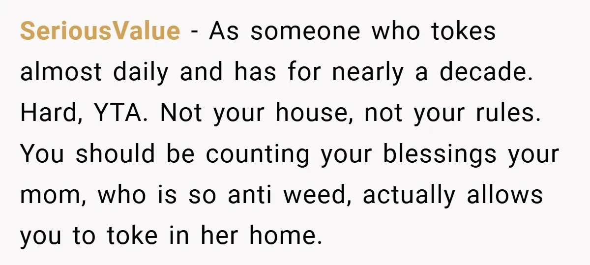 SeriousValue − As someone who tokes almost daily and has for nearly a decade. Hard, YTA. Not your house, not your rules. You should be counting your blessings your mom,...